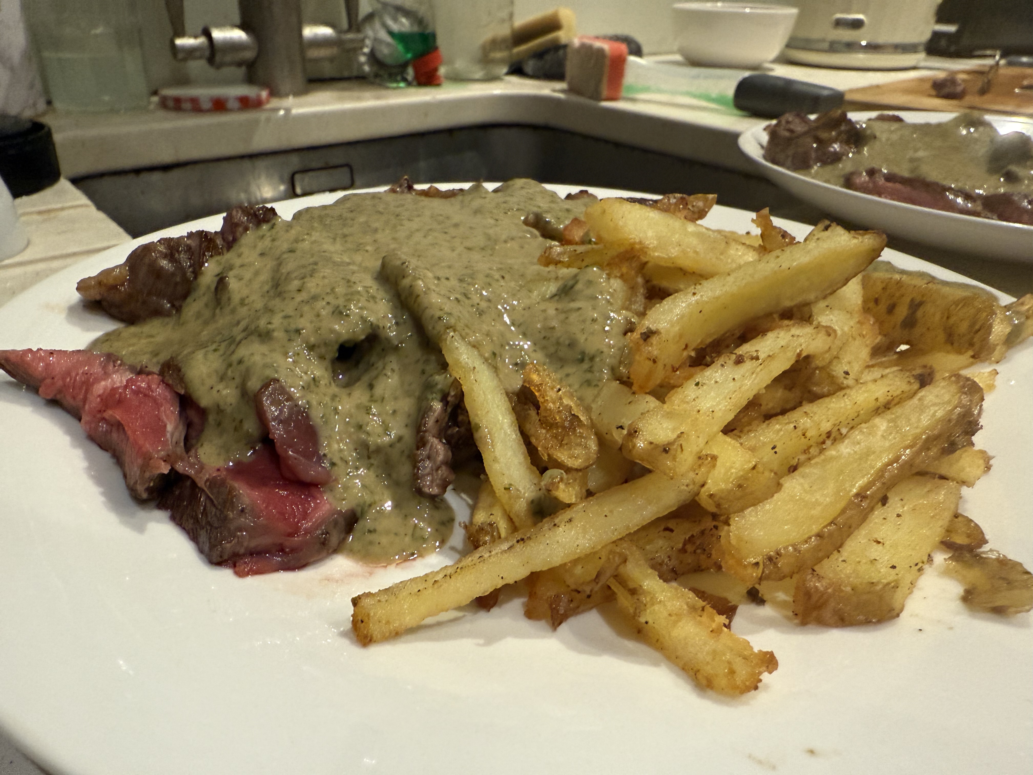Steak and chips with entrecote sauce